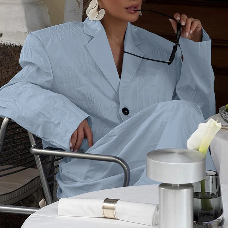 

Lapel Collar Button Blazer Coat & Pant Suit Lady Casual Long Sleeve Solid 2Pc Set Elegant Commute Pleat Wide Leg Outfits