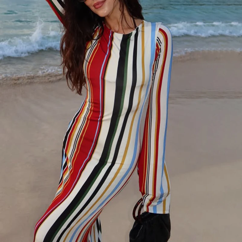 Sexy Dangling Slim Splice Dress Elegant Strip Print High Waist Beach Holiday Dress 2026 Summer Fashion O-Neck Long Sleeved Dress