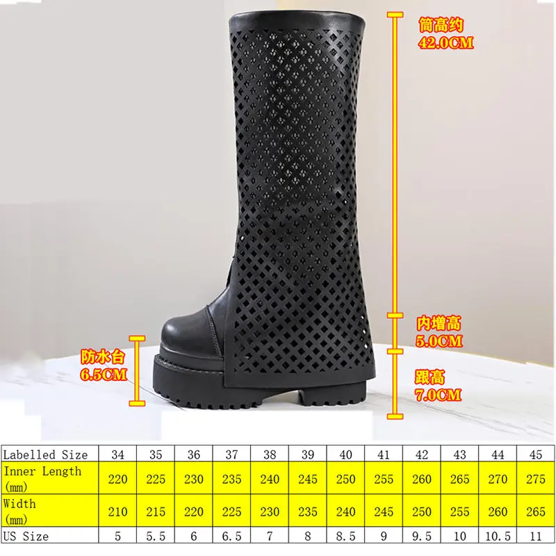 Fujin 12cm Air Mesh Cow Genuine Leather Mid Calf Knee High Booties Summer Hollow Women Boots Slip on Boots Platform Wedge Shoes