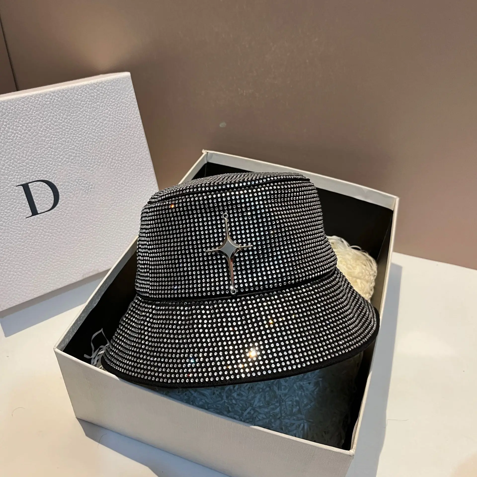 2025 Fashion Full Diamond Bucket Hat - French Inspired 3D Cross Design Spring Summer Heavy Industry Versatile Casual Hat