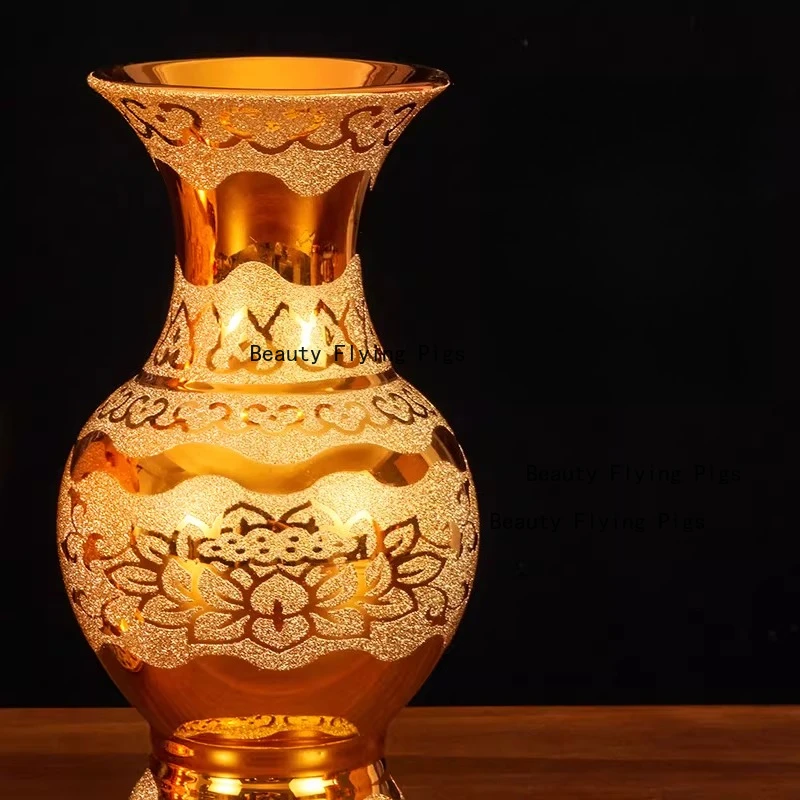 1PC Gold Ceramic Tabletop Vase Buddha Utensil Prayer Enshrine  Living Room Decoration Make A Fortune Flower Planter Home Decor