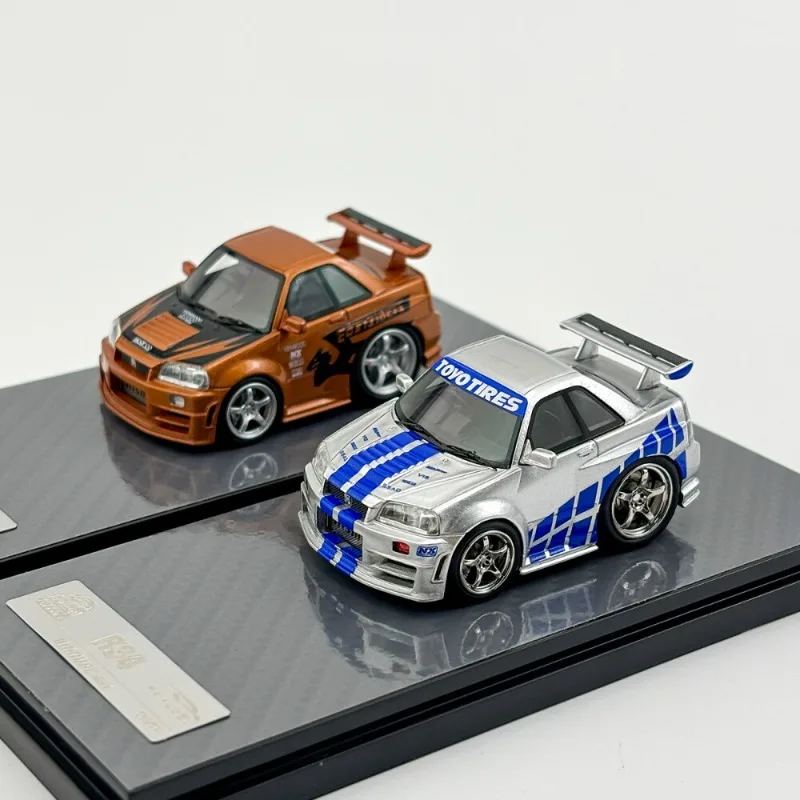 In Stock 1: 64 R34 Silver Blue Mini Q Egg Car Resin Car Model DieCast Static Car Model Creative Decoration Item Holiday Gift