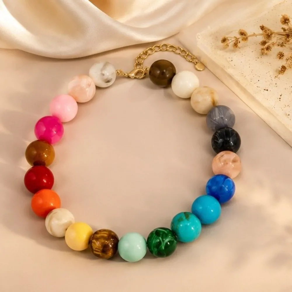 Fashion Round Beaded Necklace Large Acrylic Women Choker Candy Color Boho Style Clavicle Chain Girls