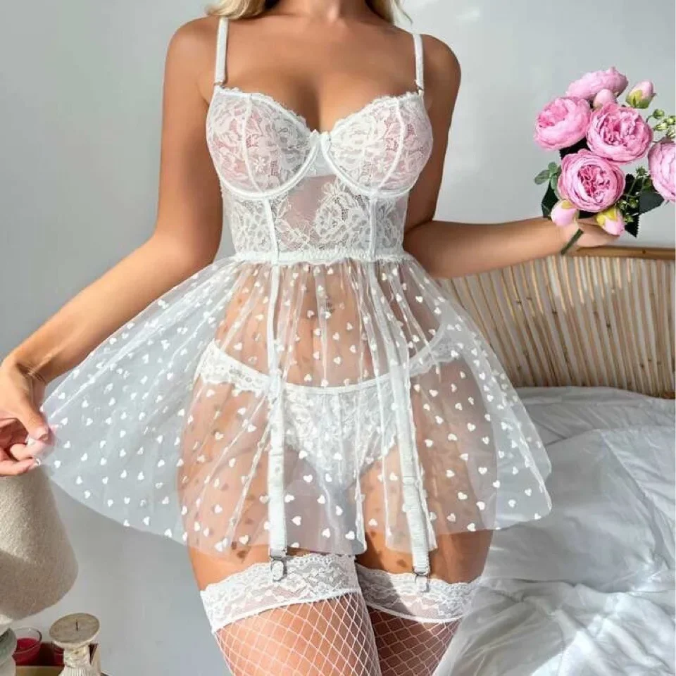 Porn Wedding Dress Sexy Lingerie Short Dress Women Lace Hollow Out Sleepwear Sexy Babydoll Perspective Underwear erotic Costume