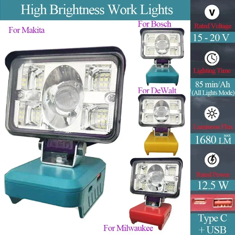 Polegada Lente Grande Carro Led Lâmpada de Trabalho Luz Tocha tipo c Usb Power Bank para Makita para Dewalt para Bosch para Milwaukee 18v Bateria 3