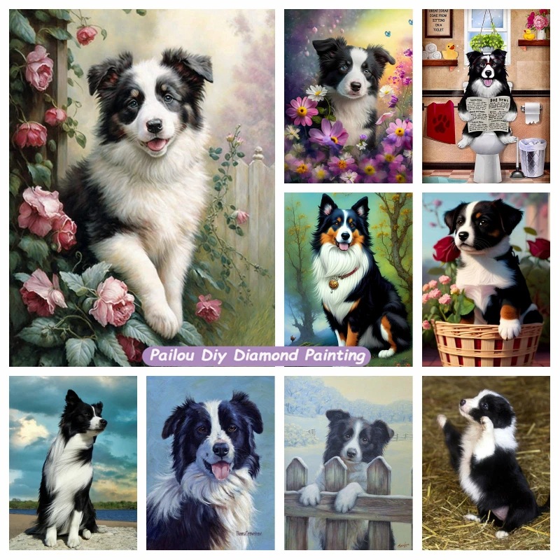 

5d Pet Dog Border Collie Toilet Diamond Art Painting Cute Puppy Animal With Flowers Crystal Cross Stitch Mosaic Bedroom Decor