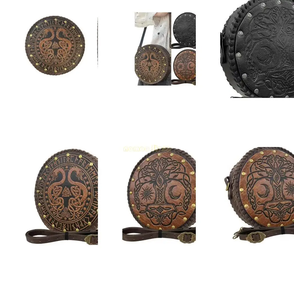 

31BF Medieval Side Pack Leather Waist Pouches With Leather Belt Vintage Embossed Medieval Belt with Waist Bag For Women
