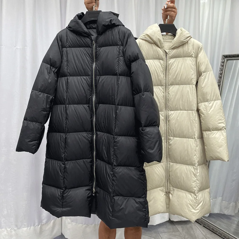 Vintage Women Hooded 90% White Duck Down Jacket 2024 Winter Solid Color Double Zipper Down Coat Loose Casual Thicken Down Jacket