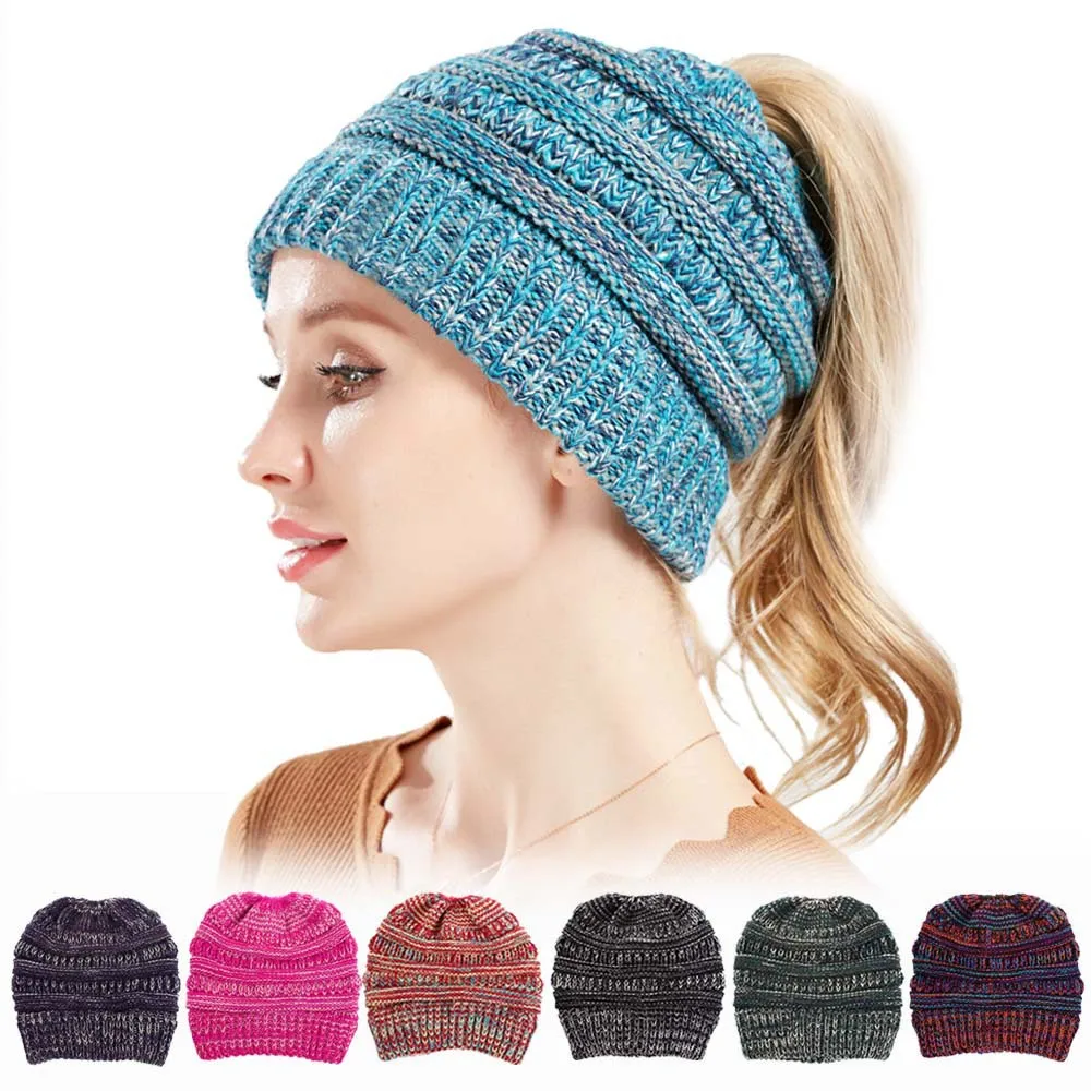 Cross-border Hot-selling Mixed-color Knitted Wool Hat for Women, Ponytail Hat, European and American Warm Hat