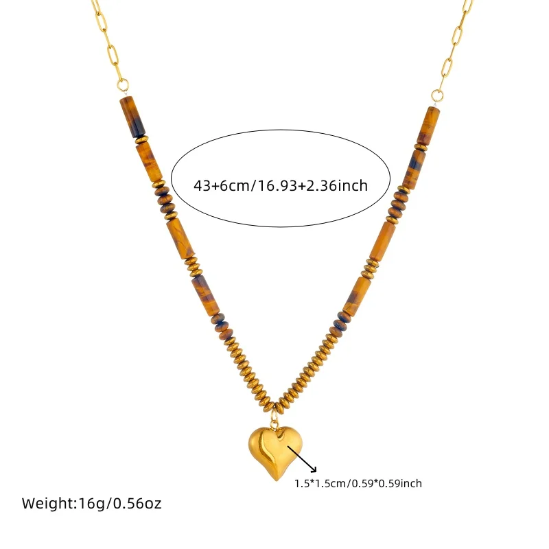 LAMENGLY 316L Stainless Steel Amber Beads Solid Heart Pendant Necklace For Women Girls Retro Trendy Non-fading Neck Chain Gift