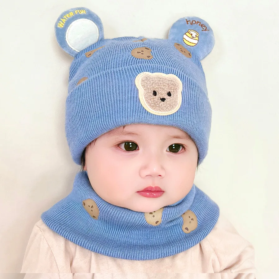 1Set Baby Hat Scarf Set Bear Warm Knitted Children Winter Hat Cap Bonnet Infant Toddler Kids Hat Boys Girls Crochet Beanie