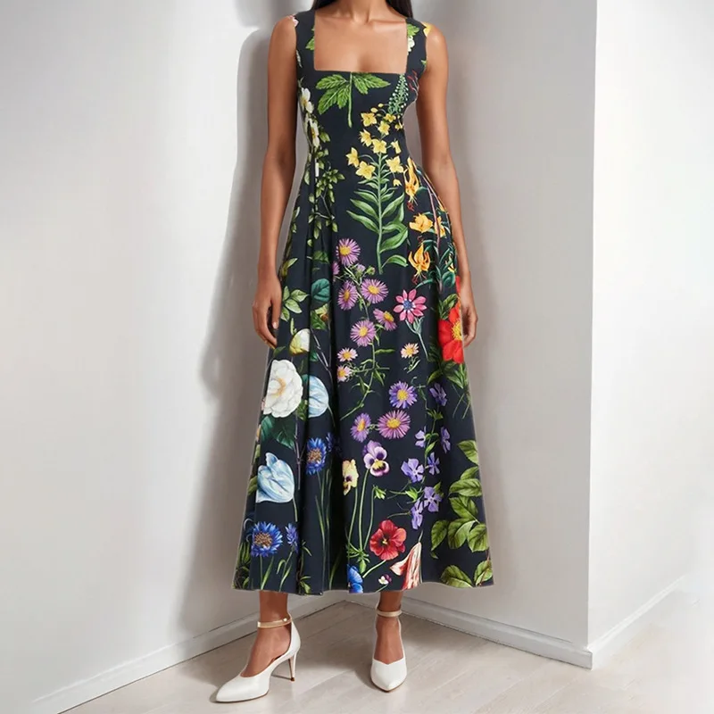 

Elegant Color Flower Print Long Dresses Women Summer Fashion Sexy Backless Leace-up A-line Dress Banquet Prom Vestidos 2025 New