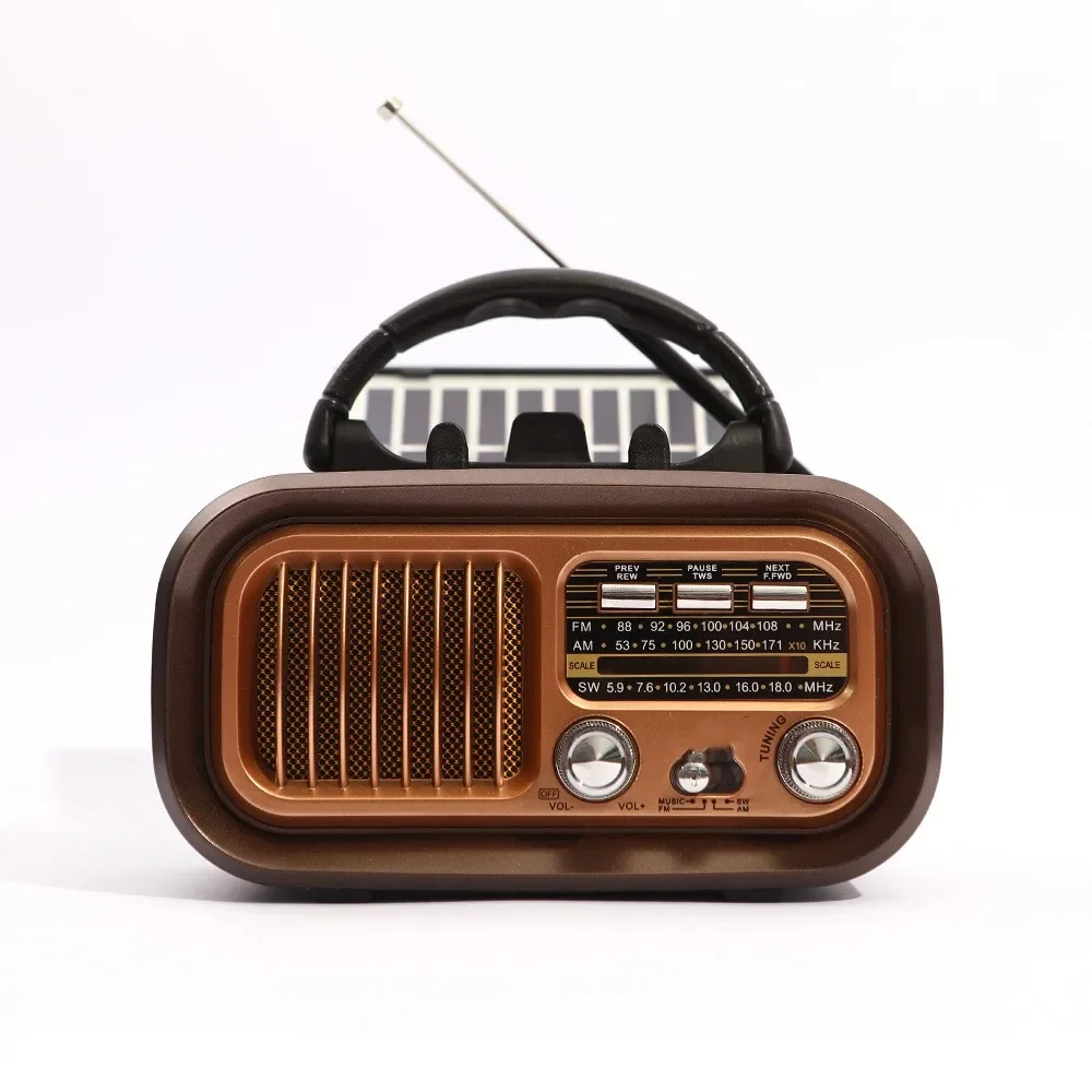 AM FM Radio Operated By USB Cable/Solar Panels Rechargeable Excellent Reception Portable Multi-function Retro Speaker