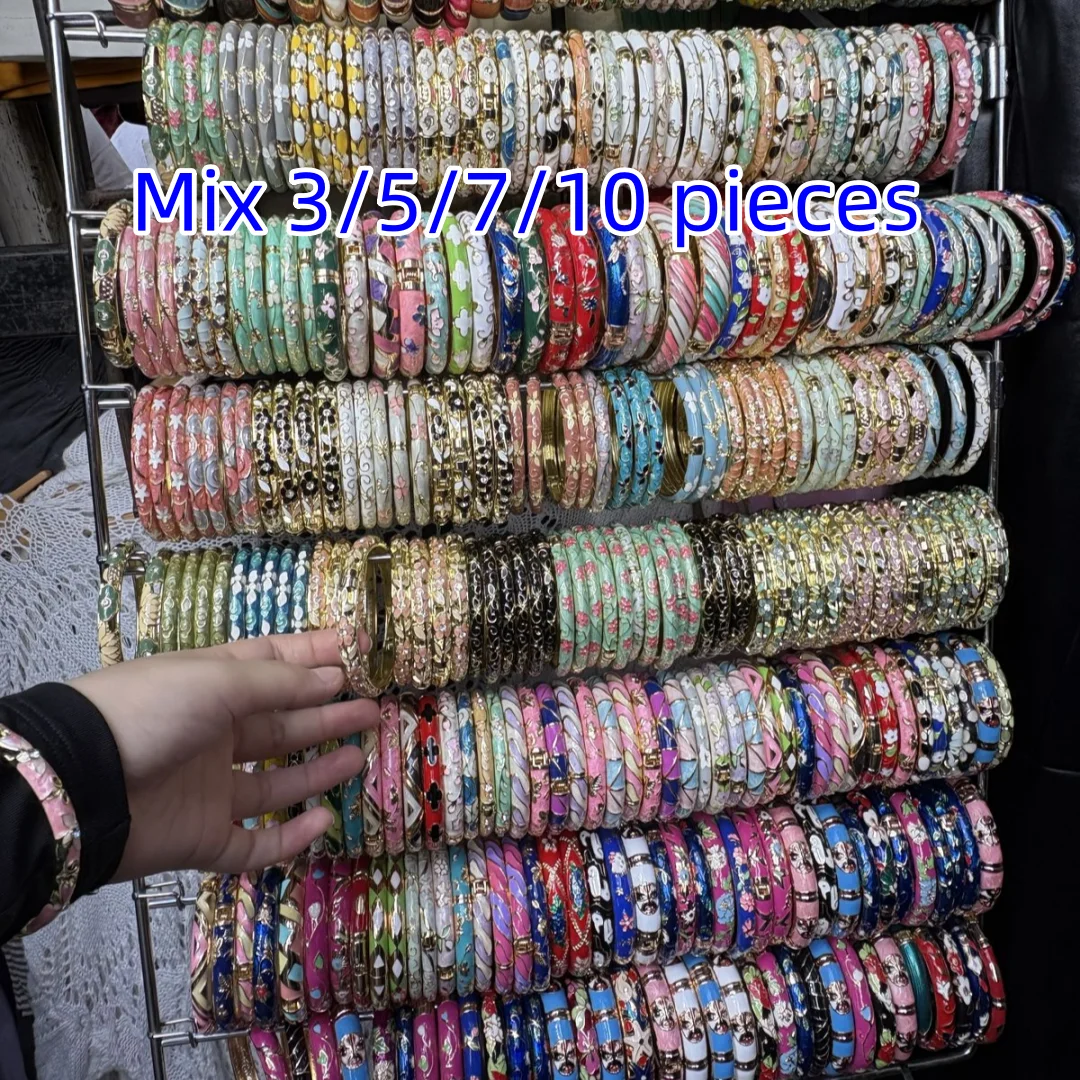 Mixed 3/5/7/10 pieces Cloisonné enamel teardrop gold-plated women's bracelet open bangle party jewellery