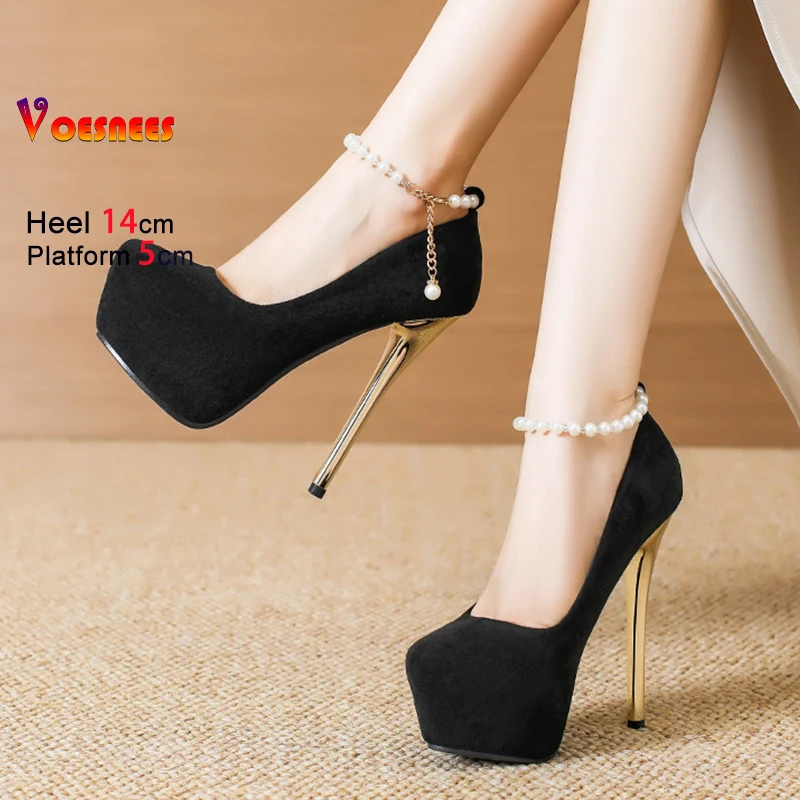 

Туфли на высоком каблуке из искусственной замши, новинка 2023 года, весна-осень, вечерние туфли на платформе 14 см для женщин, элегантные модельные туфли-лодочки на шпильке с жемчугом и цепочкой