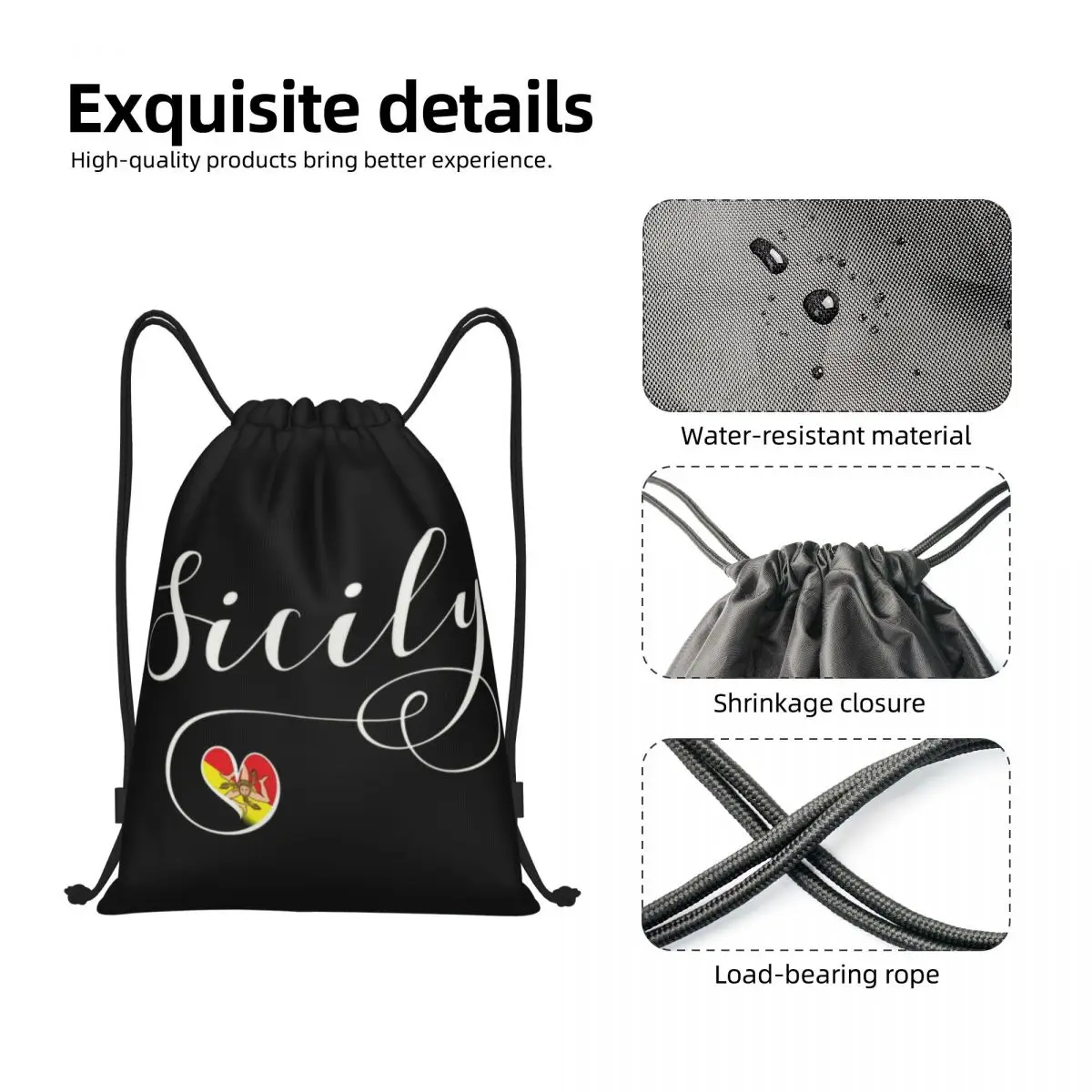 Sicily Flag Heart Drawstring Bags Men Women Foldable Gym Sports Sackpack Italy Pride Shopping Backpacks