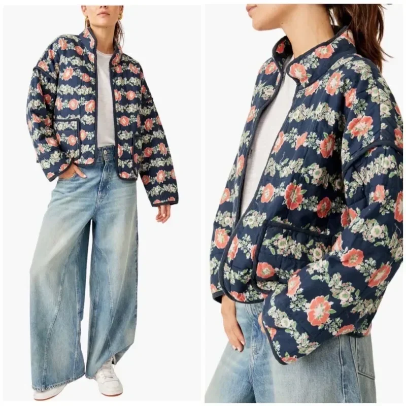 Women Y2k Cropped Quilted Jackets Vintage Floral Print Open Front Lightweight Puffer Jacket Padded Quilted Cardigan Coats