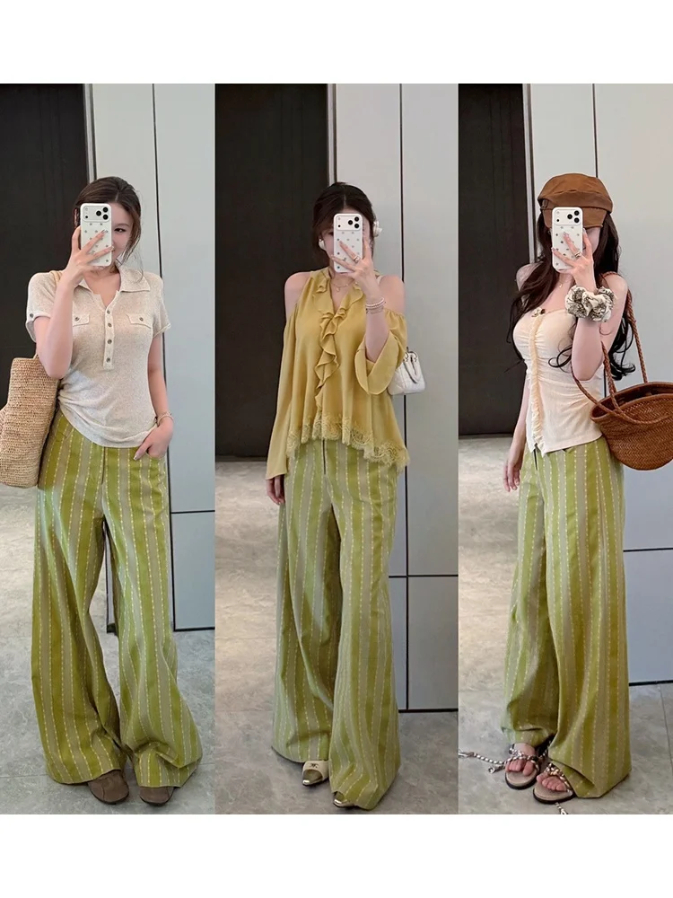 

Original Summer 2026 Long Pants Women's Casual Straight Leg Pants Butt Covering Embroidered Wide Leg Striped Trousers