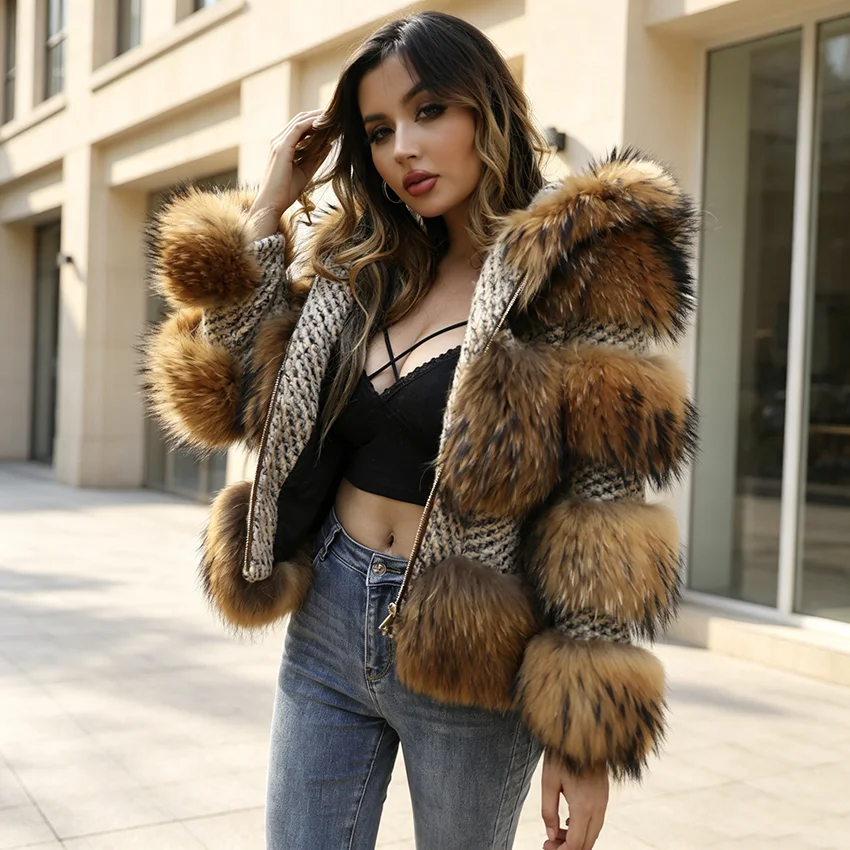 JANEFUR Women's Fur Coat Natural Raccoon Fur Woolen Jackets Hooded Fur Coat Fashion Luxury Warm Tweed Coats JFB2-22002
