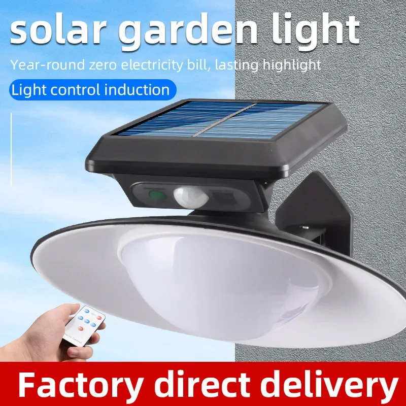 Solar Street Light Outdoor with Remote Control Induction LED Round Solar Panel Wall Lamp Waterproof Landscape Garden Lighting