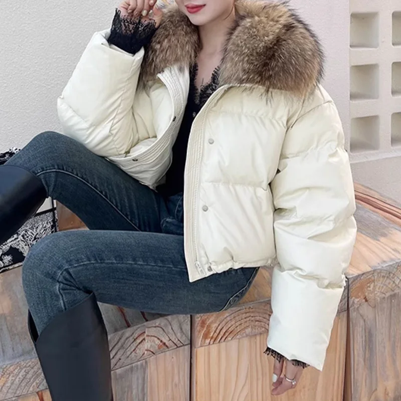 

Women 2024 White Goose Down Coat Jacket Vegan Leather Crop Coat Thick Warm with Raccoon Fur Collar ML6310