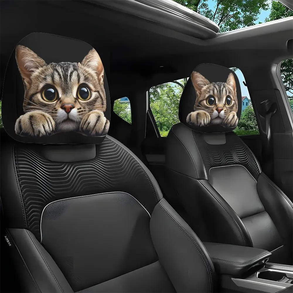 Two Cartoon Big-Eyed Cute Cat Printed Car Headrest Covers, Easy to Install And Washable