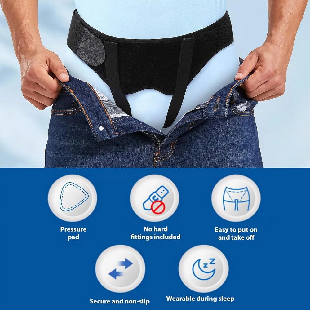 Hernien-Gürtel für bilaterale, doppelte/monofile Leistenhernien, Leistenhernien-Stützbandage für Männer und Frauen, mit 2 herausnehmbaren Kompressionspolstern – Detail 8
