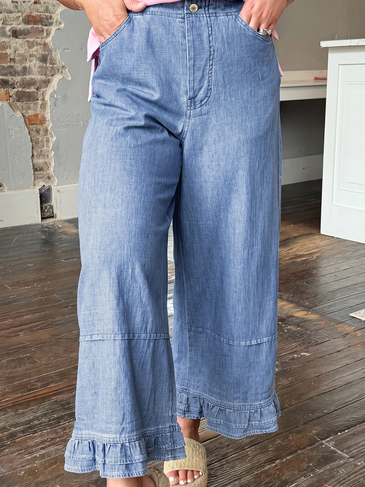 DearLover High Waist Wide Leg Denim Bell Bottoms Women's Spring Autumn New Style Multi Pocket Double Layer Ruffle Long Trousers