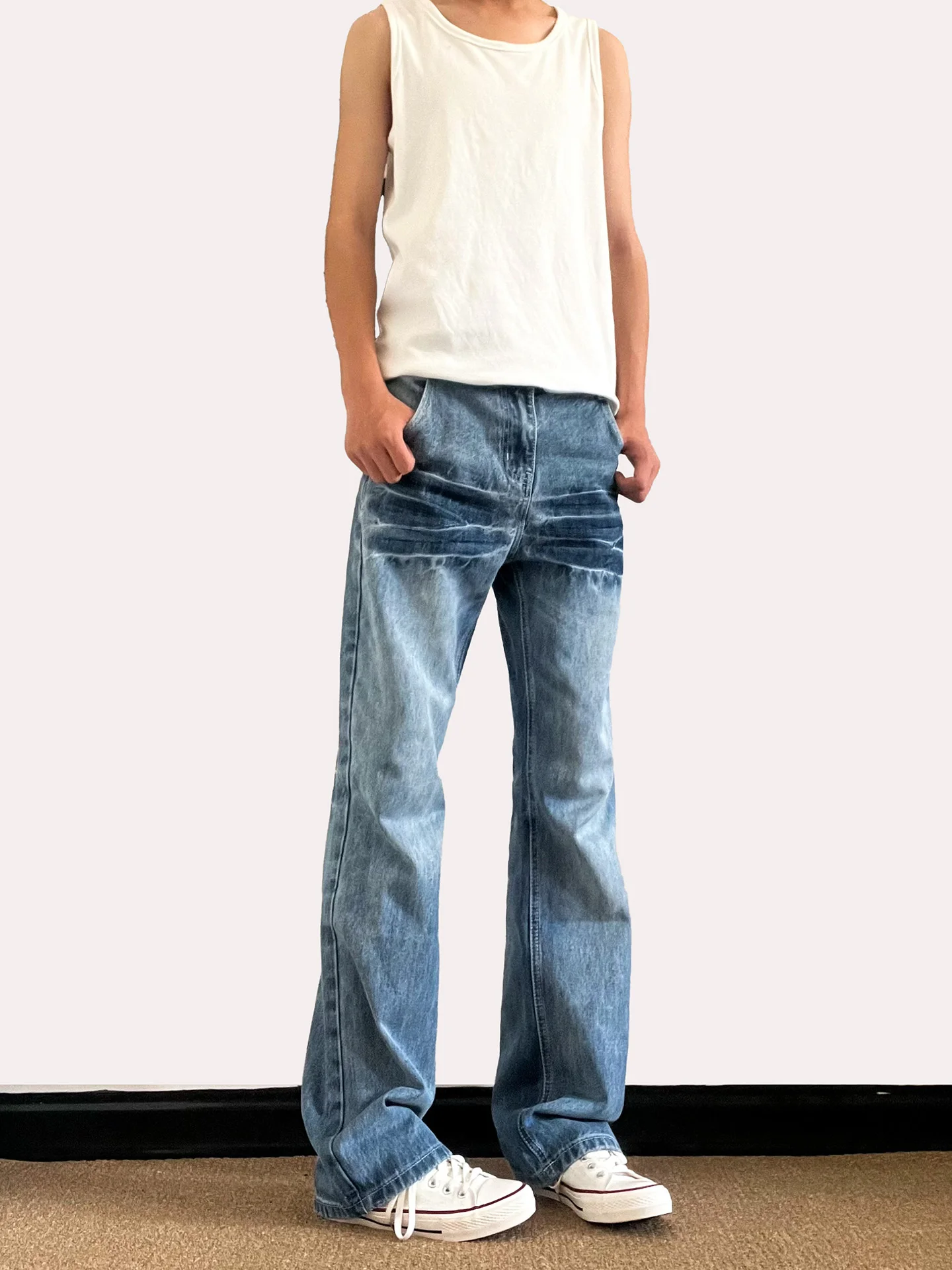 Cleanfit American High Street Washed Denim Jeans Men Women Straight Leg Micro Flared Long Trousers Casual mid Waist Zipper