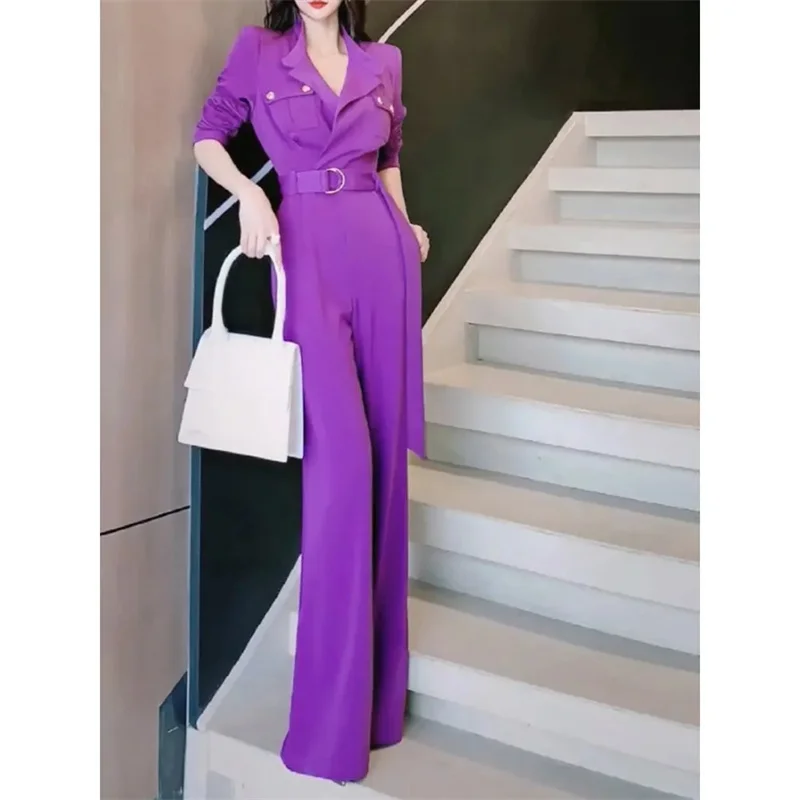 

2024 Spring Summer New Woman High-Grade Chic Temperament Goddess Fan Fried Street Purple Belt Slim Slim Set Wide-leg Jumpsuit