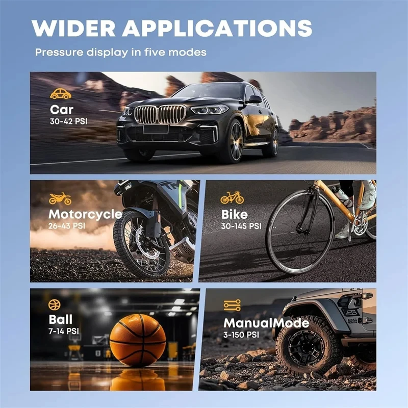 ปั๊มลมรถยนต์อัจฉริยะแบบพกพา จอแสดงผลดิจิตอล ไฟ LED สำหรับใช้งานกลางแจ้ง ปั๊มลมไร้สายสำหรับรถยนต์ จักรยาน ลูกบอล มอเตอร์ไซค์