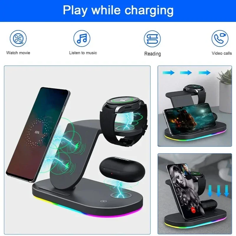 Wireless Charger Stand for Galaxy Watch 7 Ultra 6, 5Pro 4, 3 Classic Active 2 Fast Charge for Samsung S24 S23 Ultra S22 S21,3in1