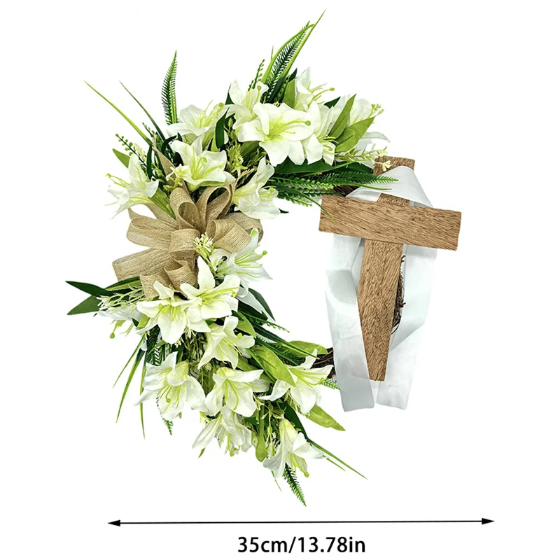 Easter Cross Wreath For Front Door Or Wall Artificial Flower Lily Bow Silk Scarf Religious Garland Spring Wreath Easter Decor