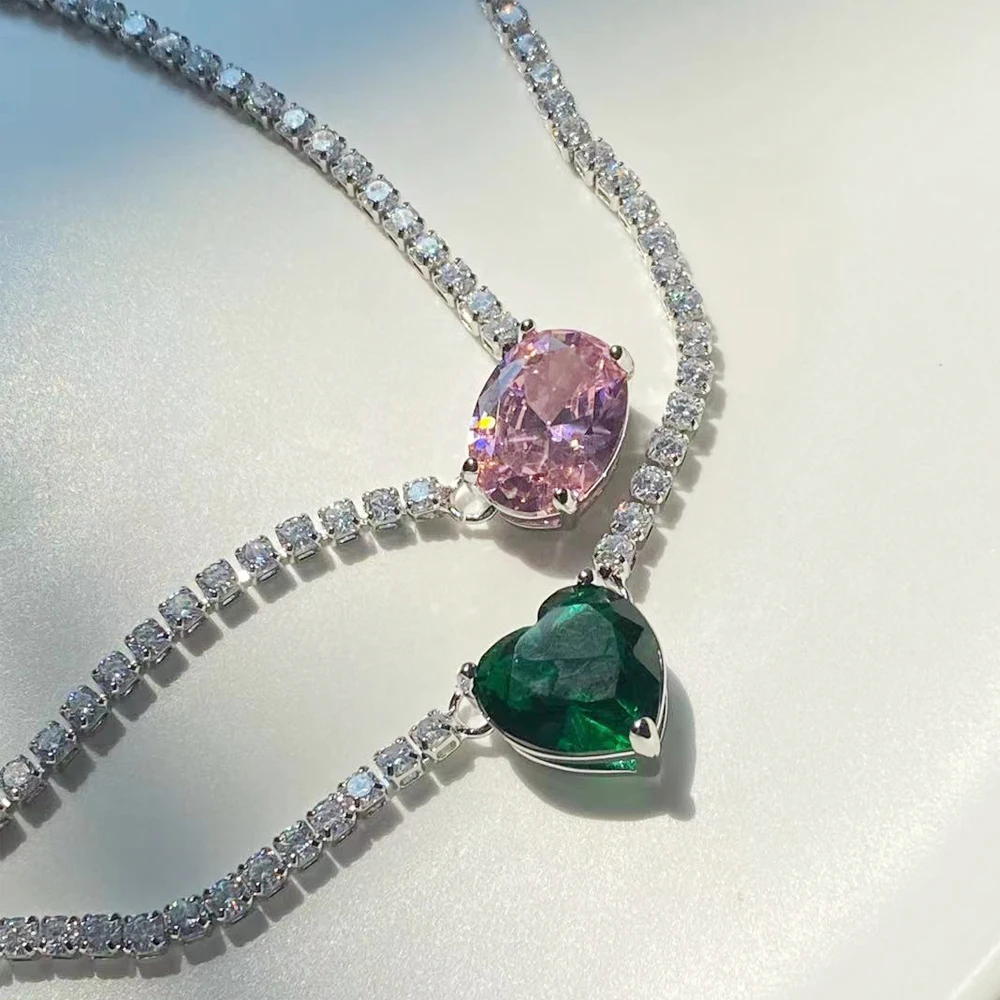 Fashion Pink Heart Zircon Necklace For Women Girls Silver Color Shiny Love Clavicle Tennis Chain Necklaces New Trend Jewelry