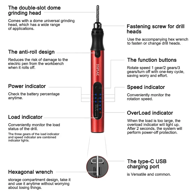DSPIAE ES-P Electric Sharpening Sander Pen Power Tool Pen Type Mini Sander Sharpening Machine Type-C Modeling Tools