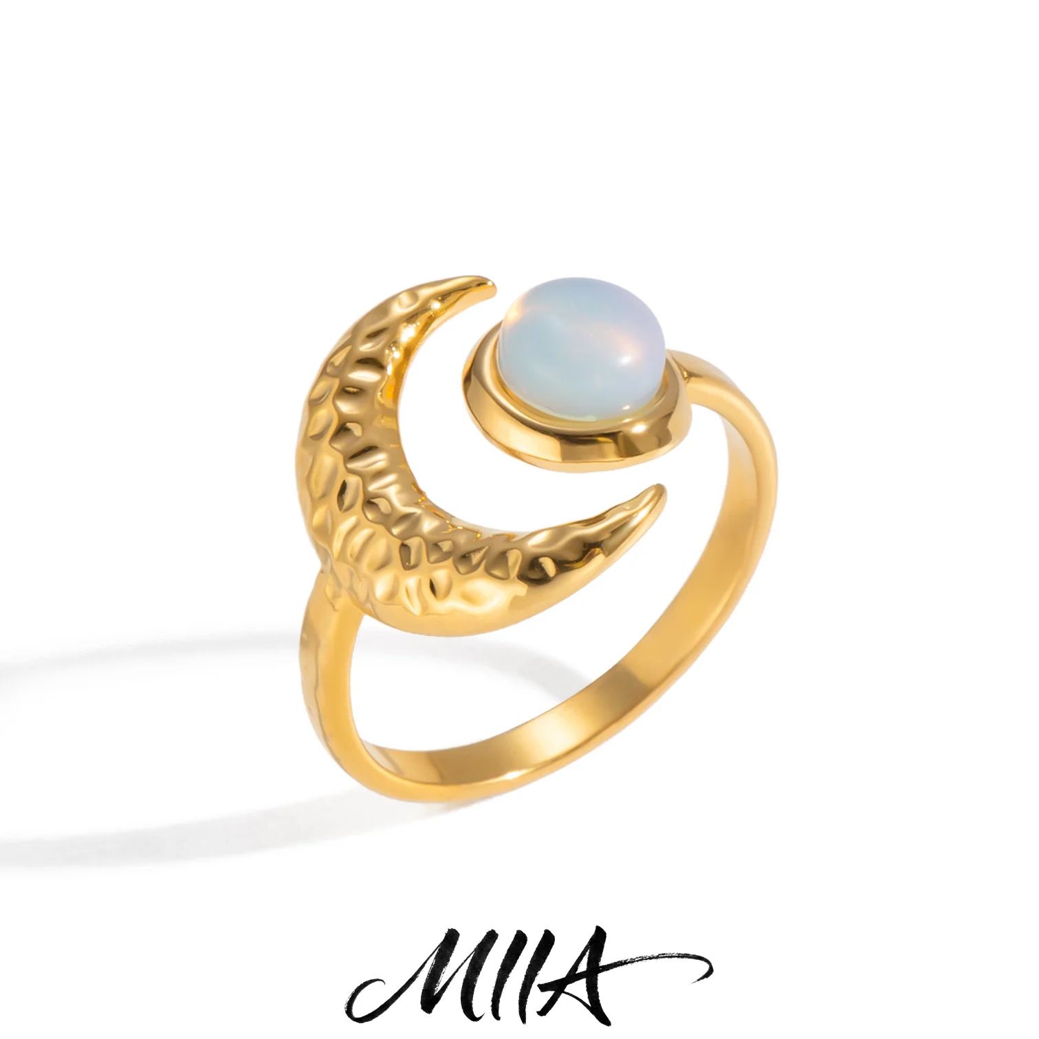 Miia エレガントなオパールリング女性のためのミニマリスト 18 K ゴールド PVD メッキステンレス鋼ムーンオープンリングファッションジュエリーガールズギフト 1