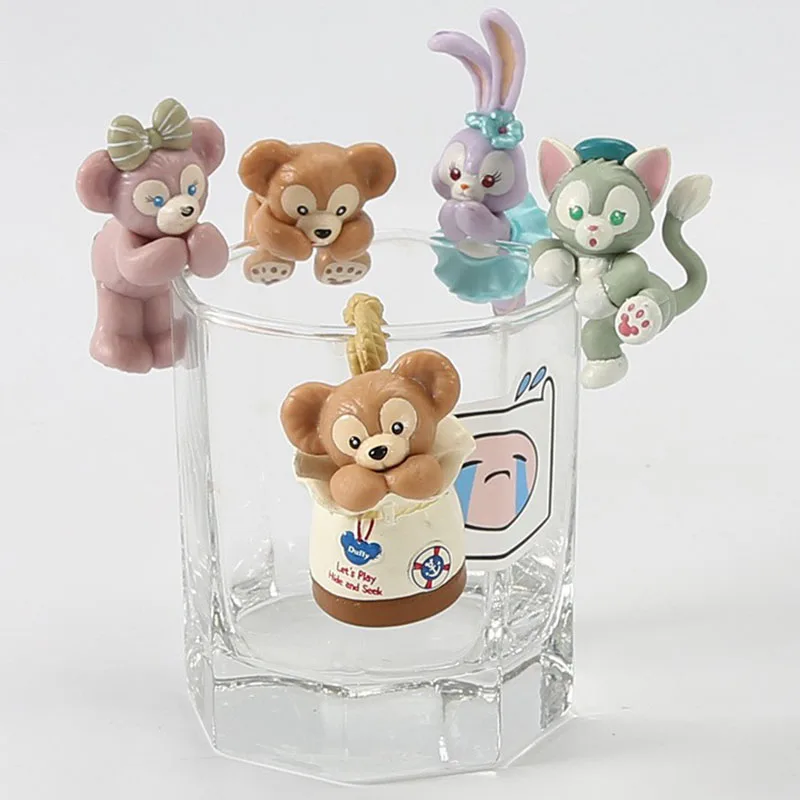 5pcs/set Kawaii Disney Cute Bear Duffy Stella Lou Gelatoni Cat ShellieMay Cake Toy Creative Home Cup Decoration Kids Charm Gift