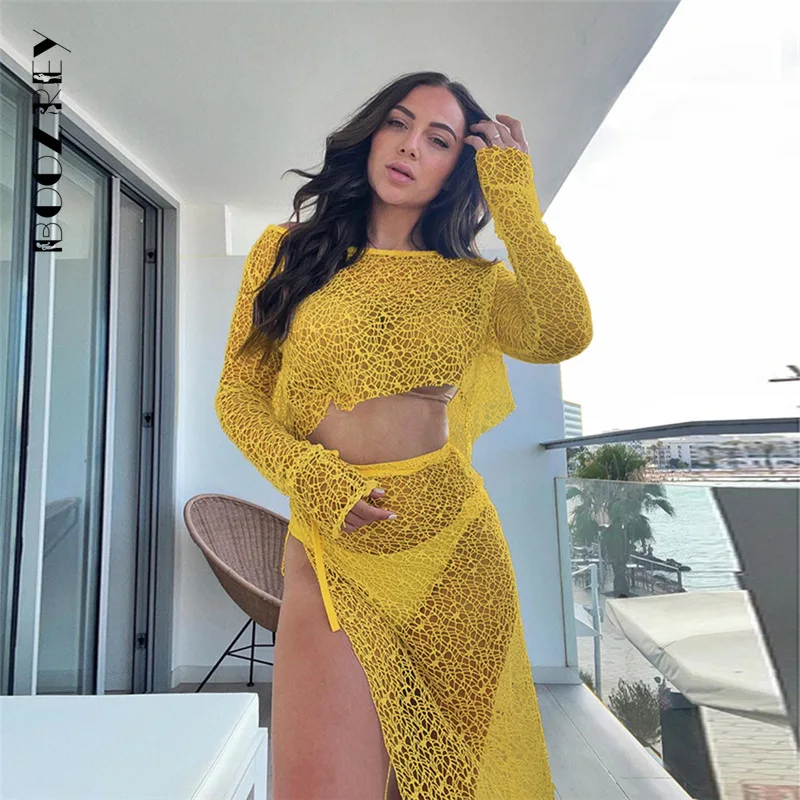 BoozRey Casual Women Fashion Summer Holiday Long Sleeve Tops And Long Sexy Club Party Beach Skirt Y2K Dress Two Piece Set 2024