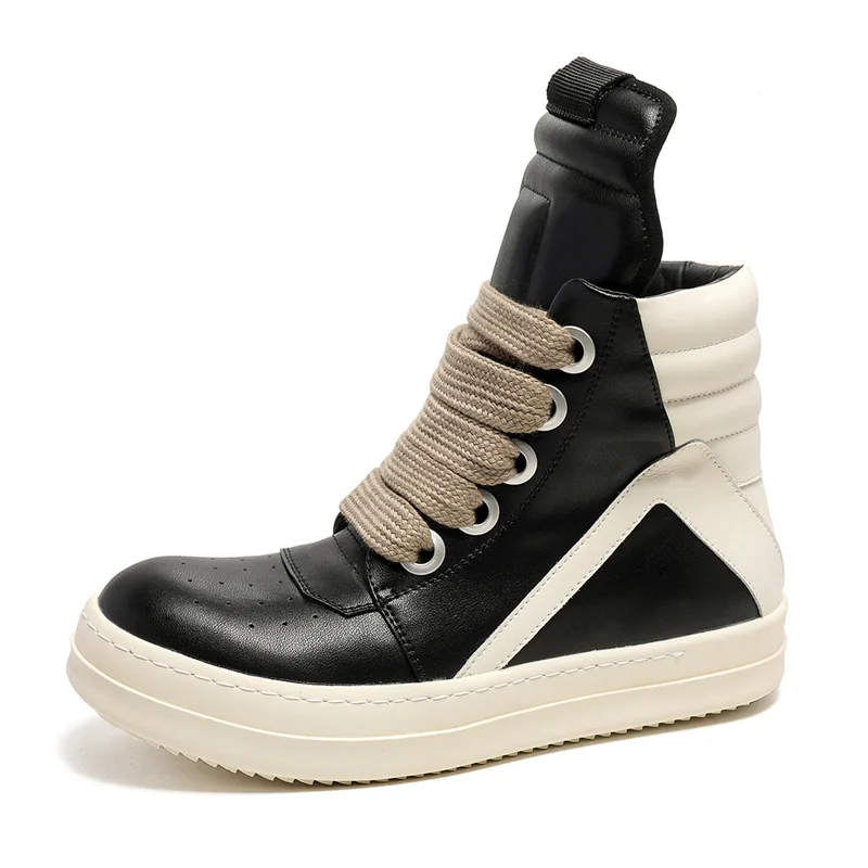 Men High Top Shoes Casual Platform Sneakers Leather Jumbo Lace Up Zip Luxury Trainers Autumn Black Boots