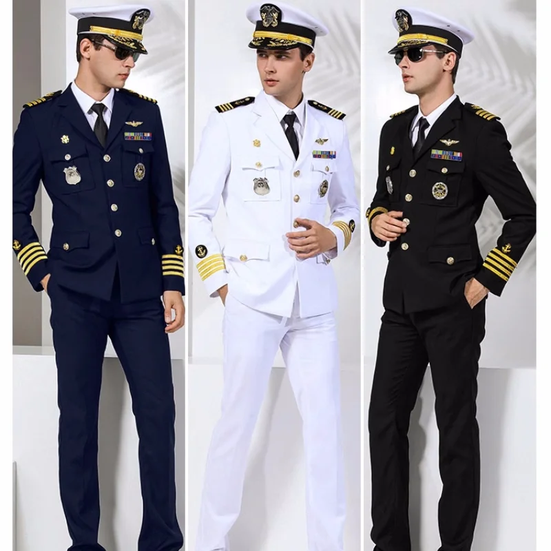 White U.S. US Navy Uniform Officer Suit Crew Yacht Sailor Military Men Captain Jacket Pants Hat Cap Accessories Blue Black Male