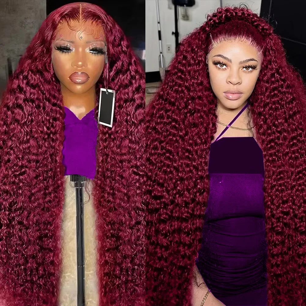 باروكات عميقة 99J بورجوندي شعر مستعار مجعد 13x6 شعر بشري دانتيل أمامي كامل ملون 13x4 HD شعر مستعار شفاف شعر مستعار موجة عميقة 200% كثافة
