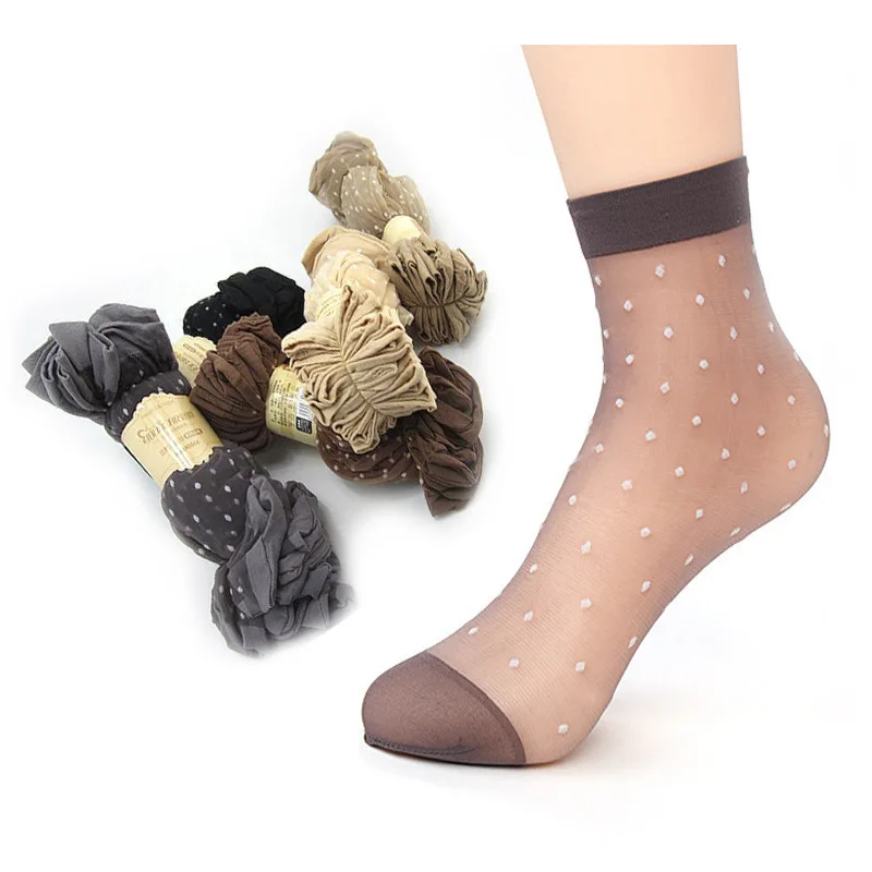 2 Pair  Women Cool Breathable Summer Female Sexy Black Skin Color Thin Socks Solid Color White Dots Girls Nylon Short Socks