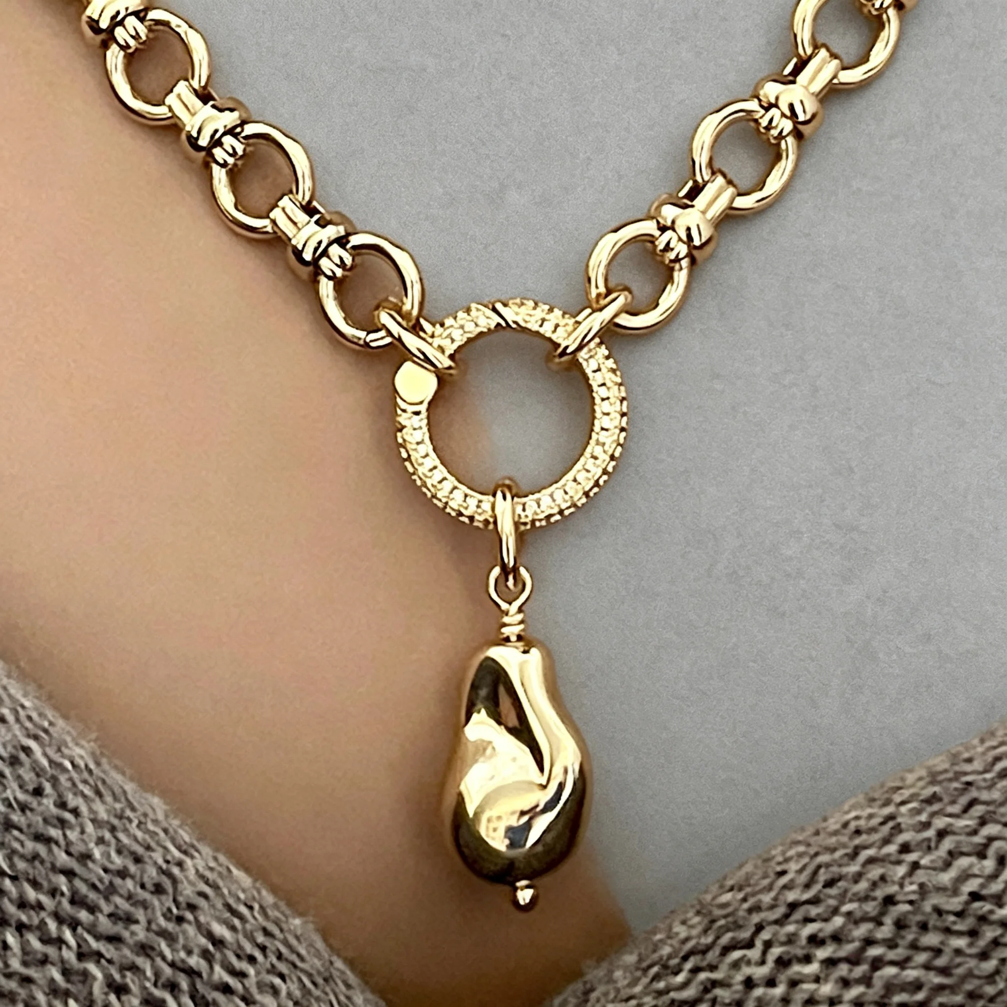 10pcs Gold Color Cable Chain Necklace Hand Wired Baroque Pearl Pendant Micro Pave Spring Ring Clasp Jewelry Gift For Her