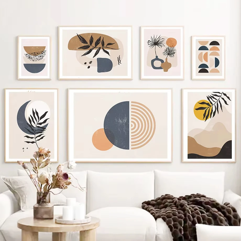 Mountain Sun Leaves Vase Geometry Landscape Wall Art Canvas Painting Abstract Boho Posters Prints Pictures For Living Room Decor
