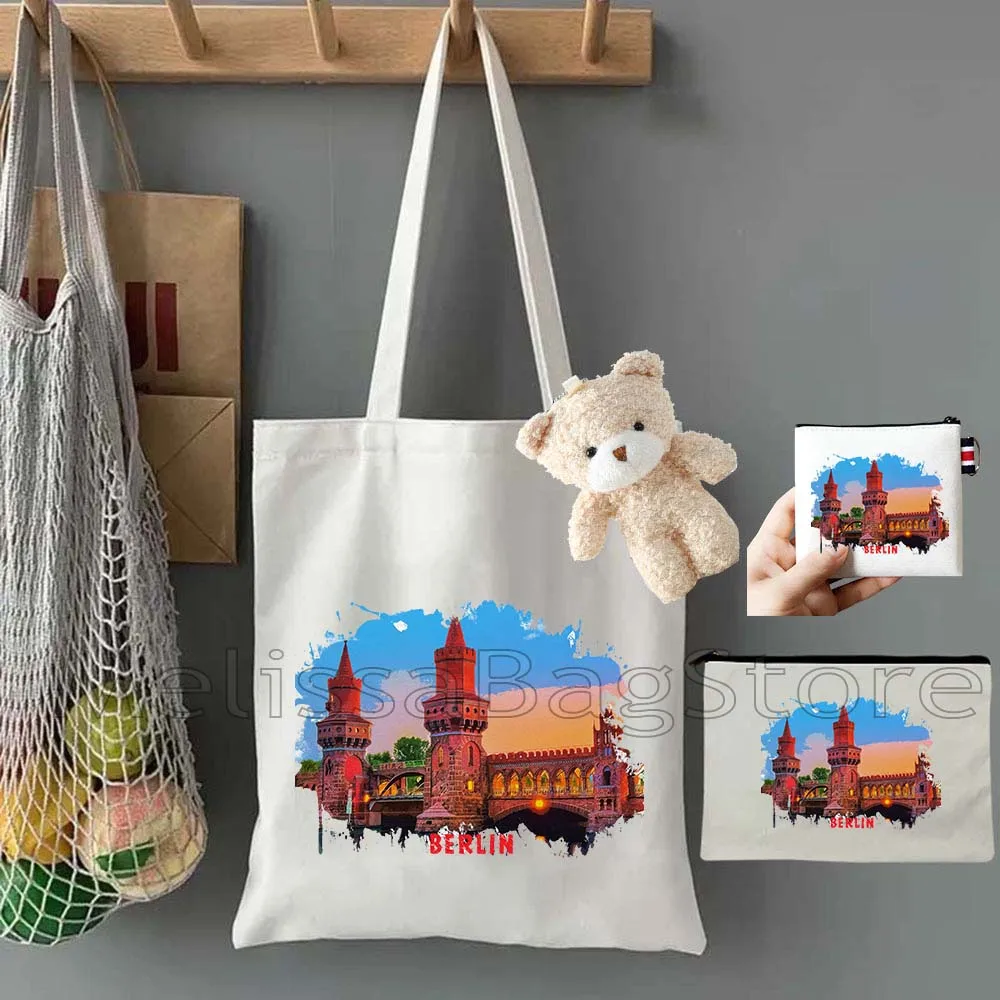 

4PCS Gifts Set Berlin Germany White Canvas Tote Bag Handbag with Doll Key Coin Purse Cosmetic Makeup Toilet Bag Case Pouch