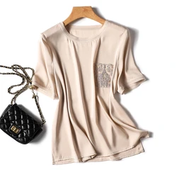 Silk T-shirt for Women Summer 2023 New In Solid Loose Satin Tees Short Sleeve Casual Top Korean T Shirt O-Neck