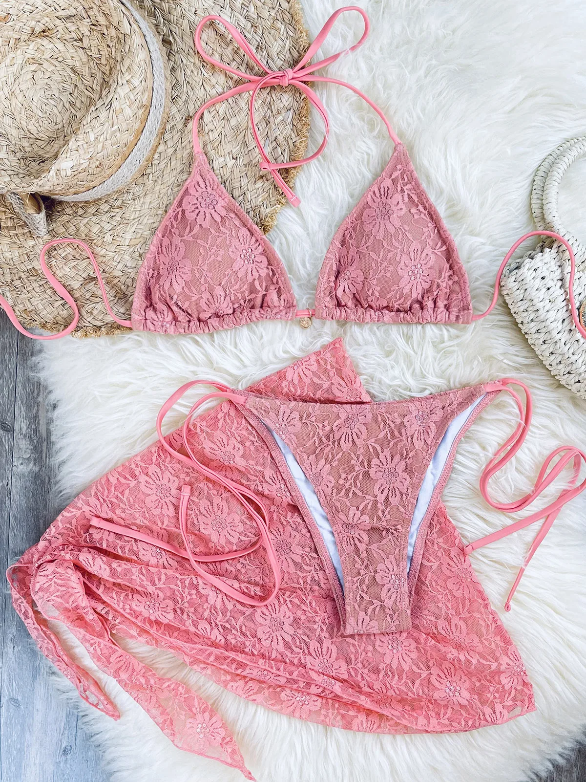 

Melphieer Women's Lace 3 PC Bikini Sets Sarong Skirt Peach Pink Brazilian Three Piece Swimsuits Chic Charms Bathing Suits