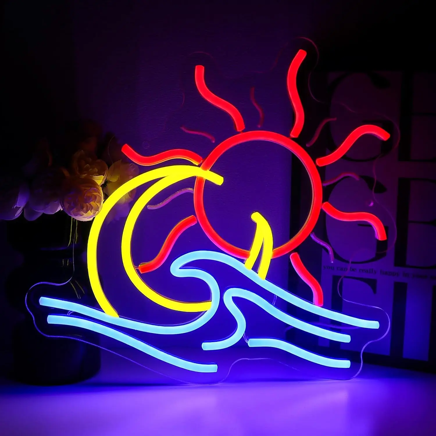 太陽と波のネオンライトオーシャンネオンサインusb調整可能な明るさ寝室リビングルーム用-​-ビーチサマー壁装飾ギフト