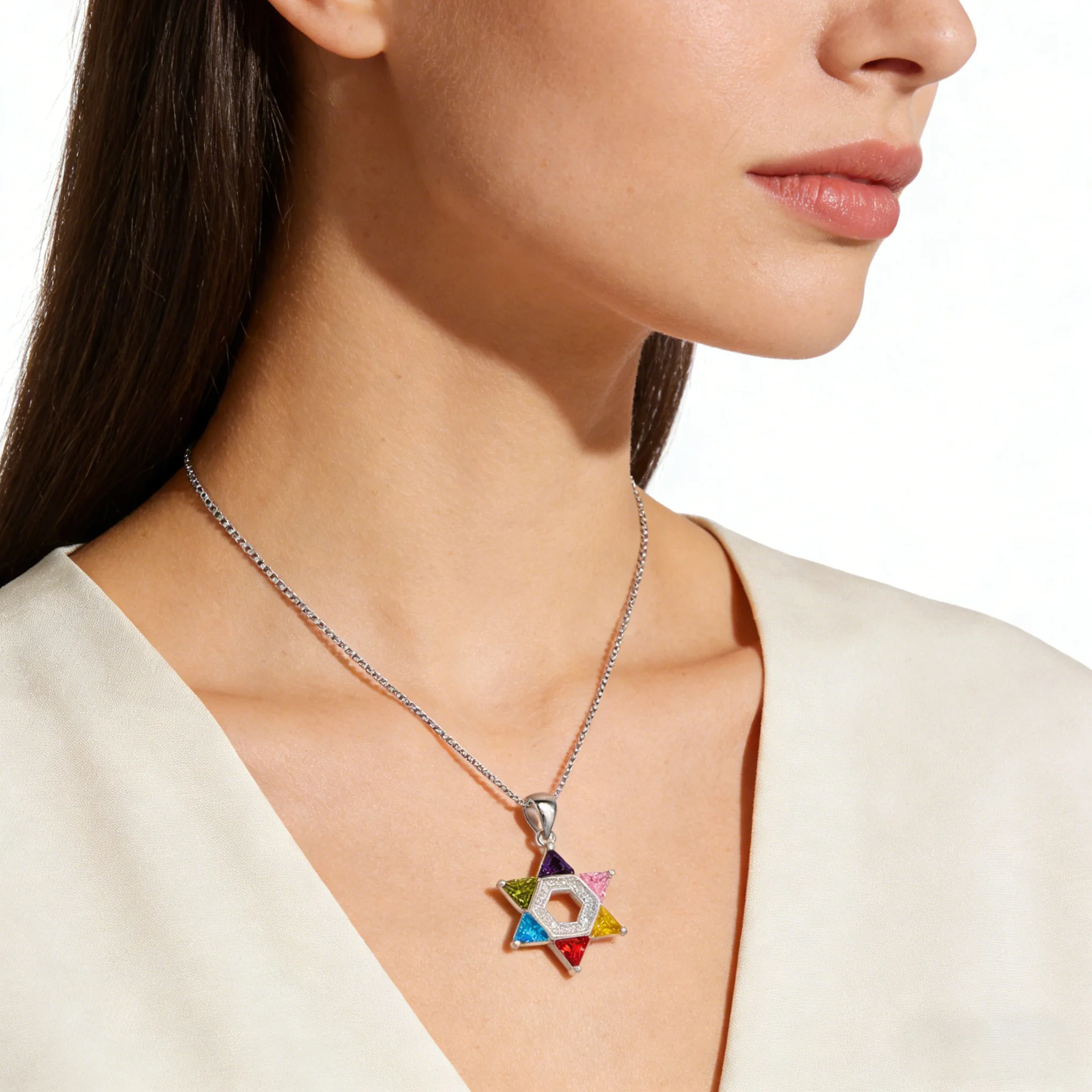 Bunte Davidstern-Anhänger-Halskette für Frauen, zierliche Hexagramm-Halskette mit Zirkonia, trendiger Boho-Schmuck als Geschenk für – Detail 1