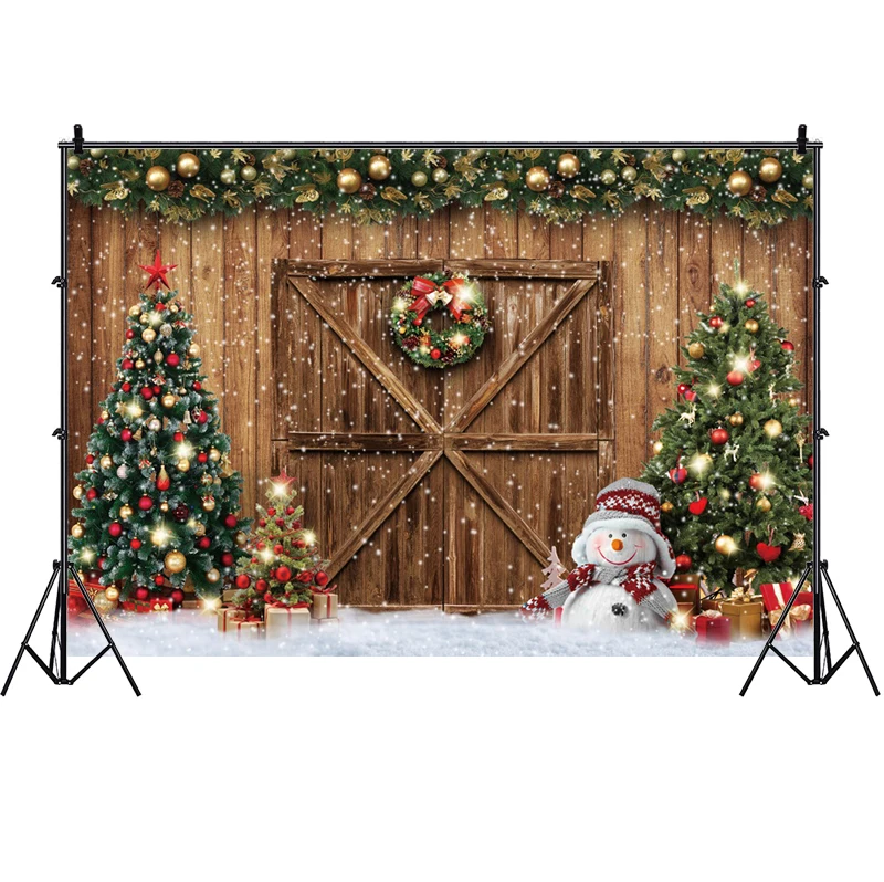 Winter Christmas Rustic Barn Wood Door Backdrop Party Xmas Tree Snow Gifts Photograph Background Photo Banner Decoration Prop